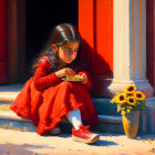 Young girl in red dress eating on sunlit steps next to blooming sunflowers