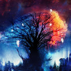 Surreal sunset landscape with sprawling tree structure