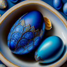 Blue Fabergé Eggs with Golden Patterns on Dark Blue Background