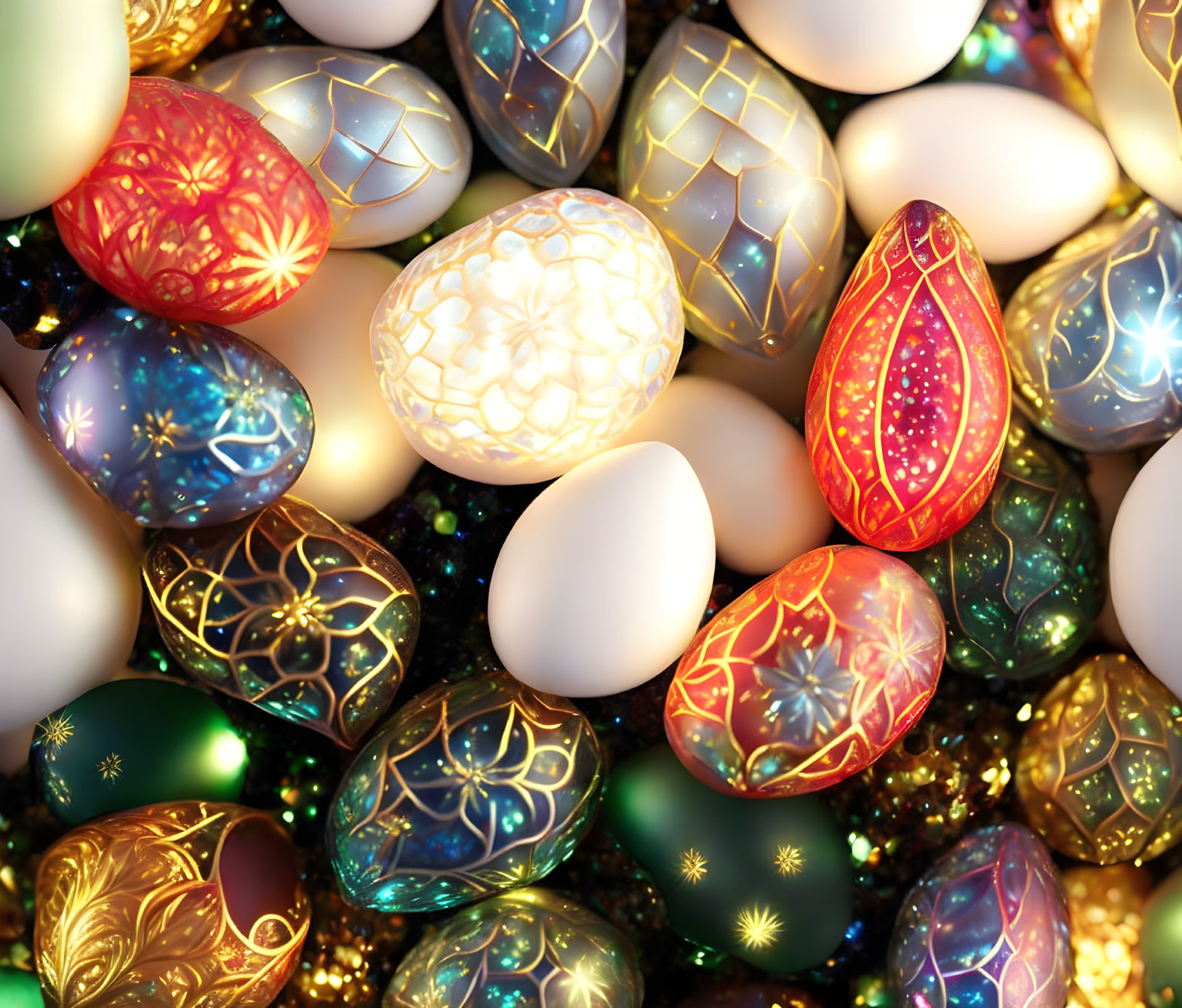 Colorful Easter eggs with intricate patterns and shimmering surfaces surrounded by twinkling lights.