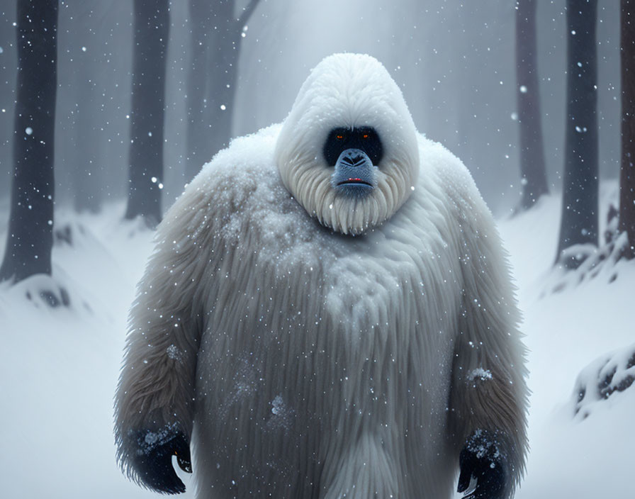 Mythical white-furred creature in snowy forest