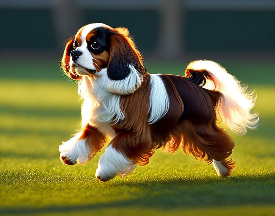 Fluffy-eared Cavalier King Charles Spaniel running on grass in sunlight