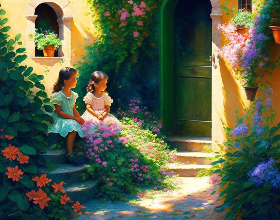 Young girls on stone steps with blooming flowers in sunny courtyard.