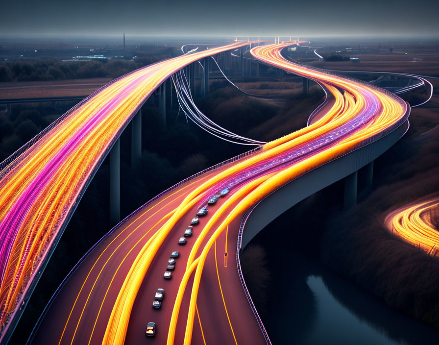 Curved Twilight Highway: Long-Exposure Shot of Traffic Streaks