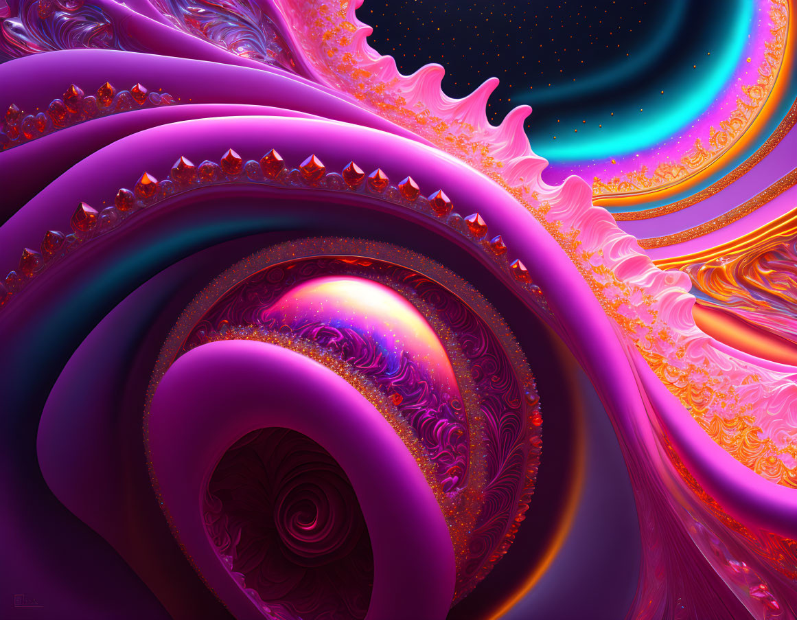 Vivid digital artwork: complex fractal pattern in purple, orange, and blue