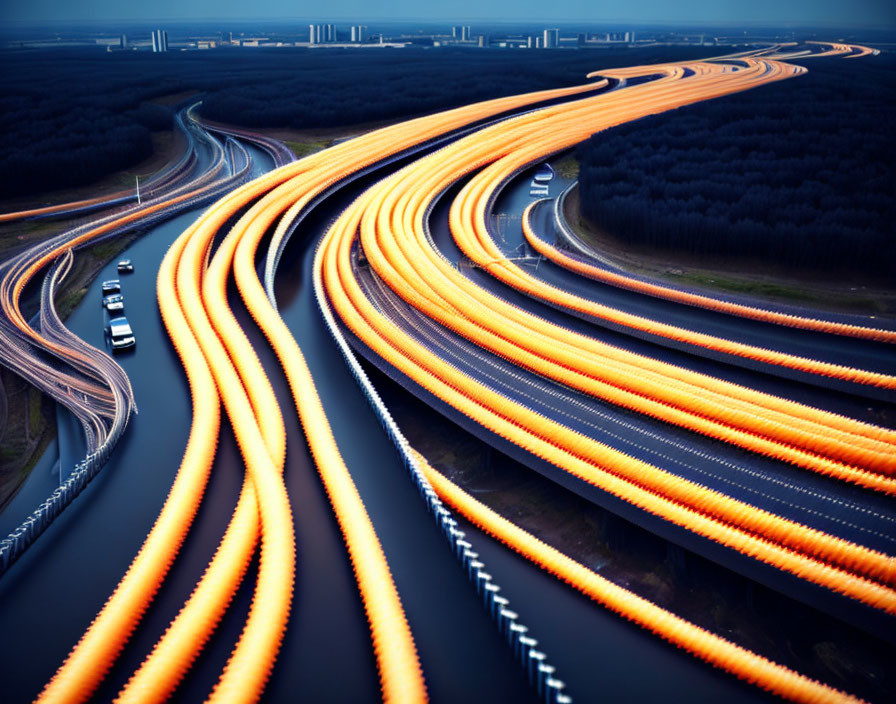 Busy Highway Interchange with Dusk Light Trails