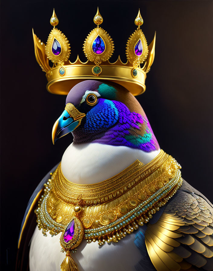 Colorful Pigeon Wearing Crown and Necklaces on Dark Background