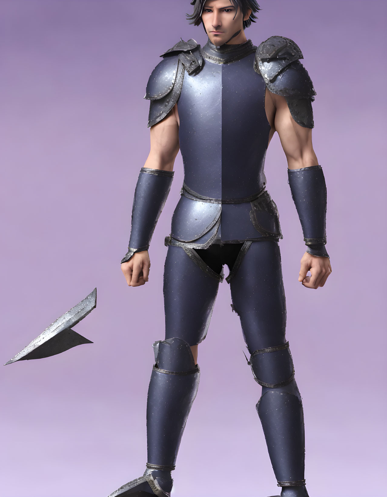 Male character in blue steel armor with medium-length hair on purple background