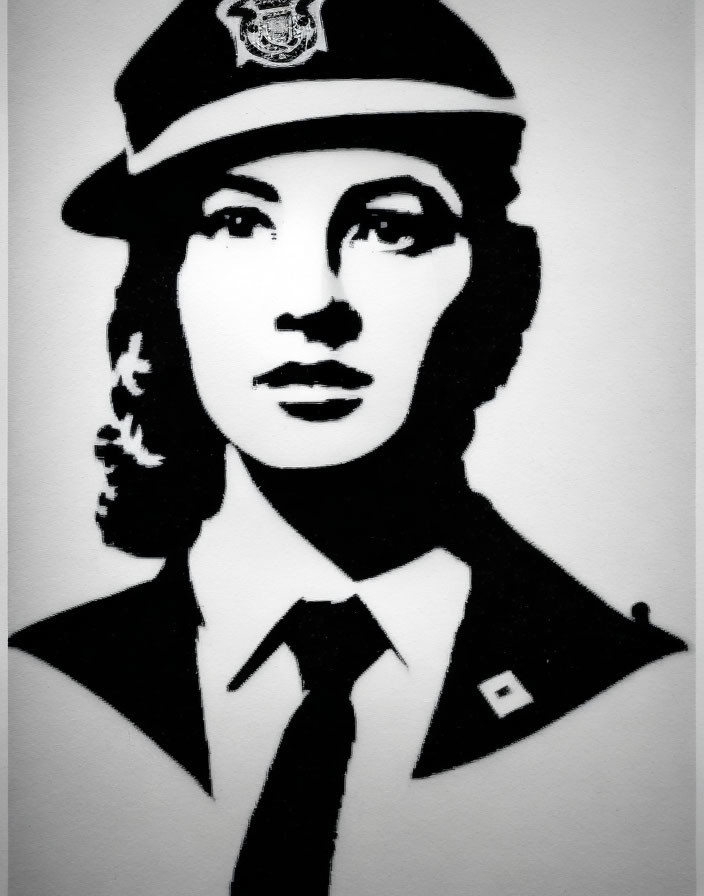 Monochrome stencil-style portrait of a woman in uniform cap and tie