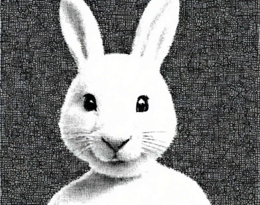 Monochrome grainy picture of stylized rabbit with prominent features