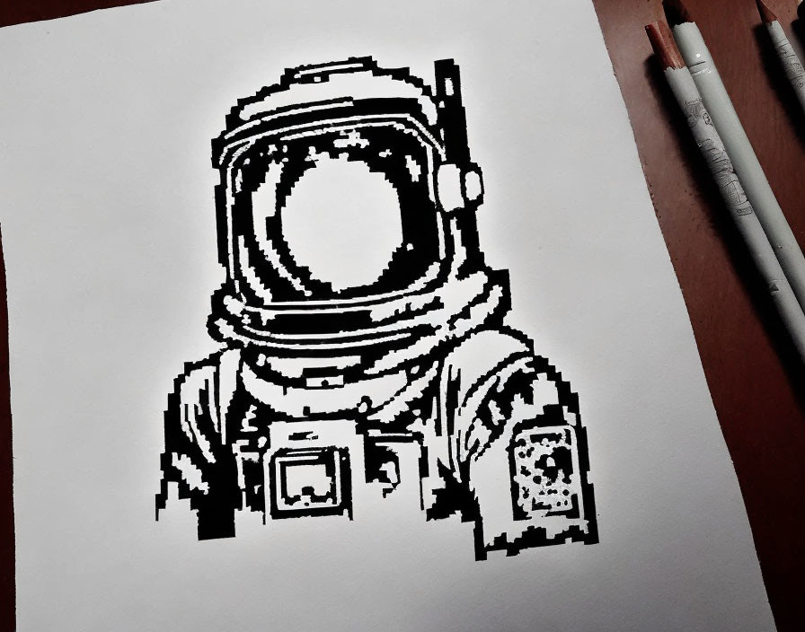 Monochrome sketch of astronaut gear with markers on wooden surface