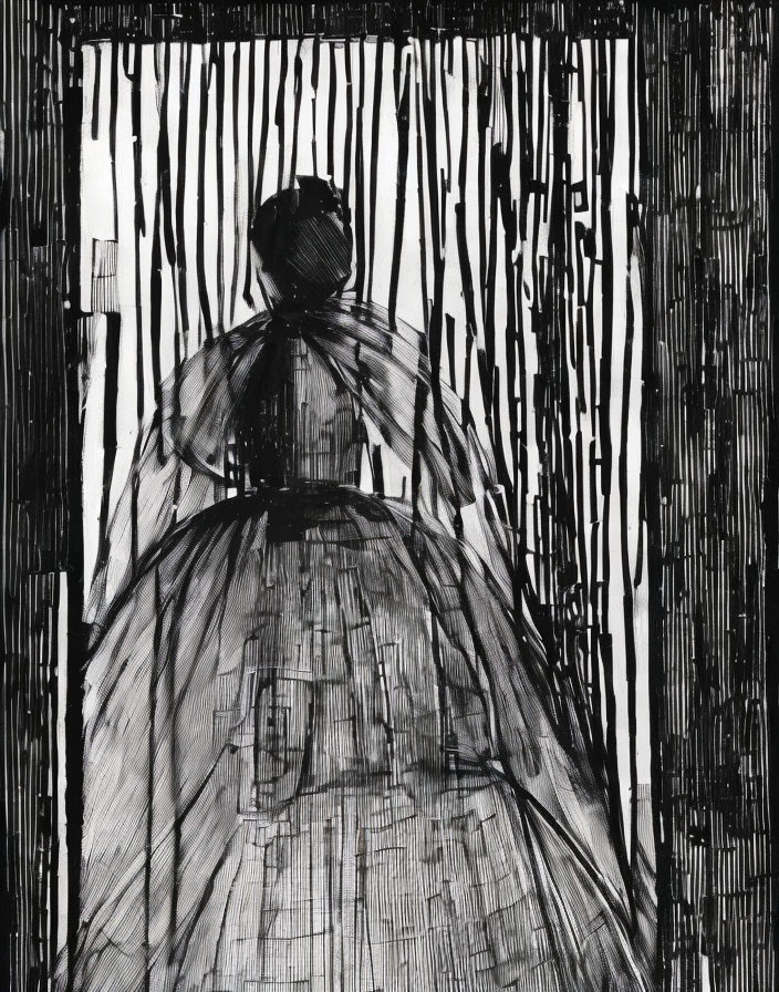 Monochrome silhouette drawing with vertical streaks creating a moody atmosphere