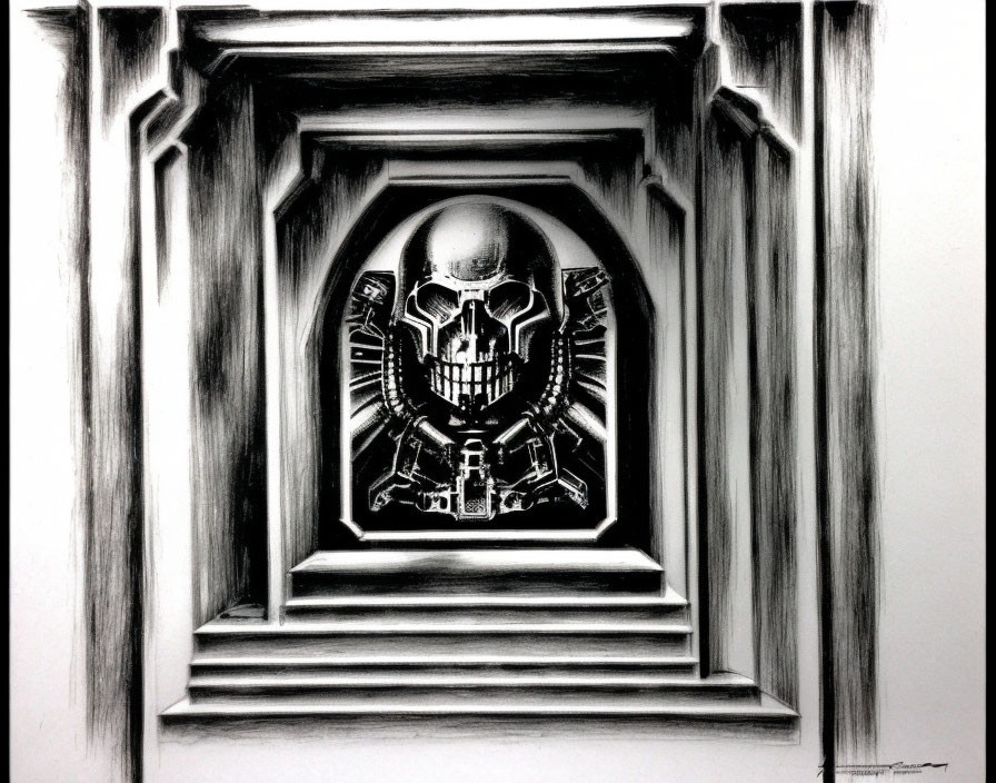 Monochrome skull sketch with mechanical elements in symmetrical frame