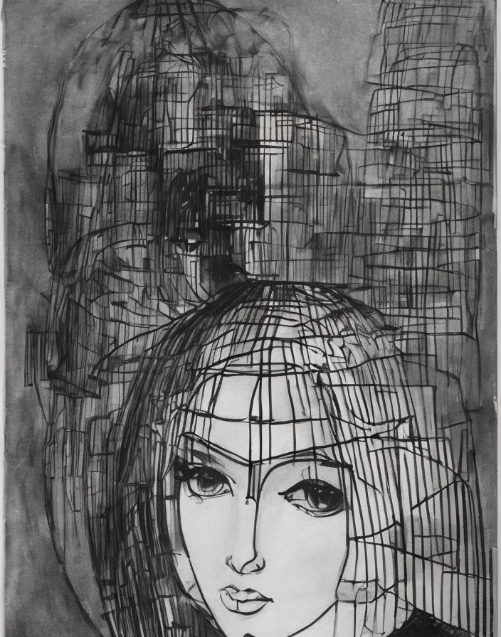 Abstract Monochrome Portrait Featuring Exaggerated Eyes and Urban Skyline Gridlines