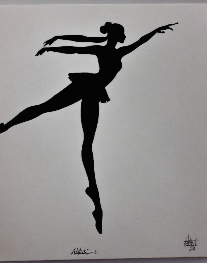 Silhouette of Ballet Dancer in Pose on White Background, Signed