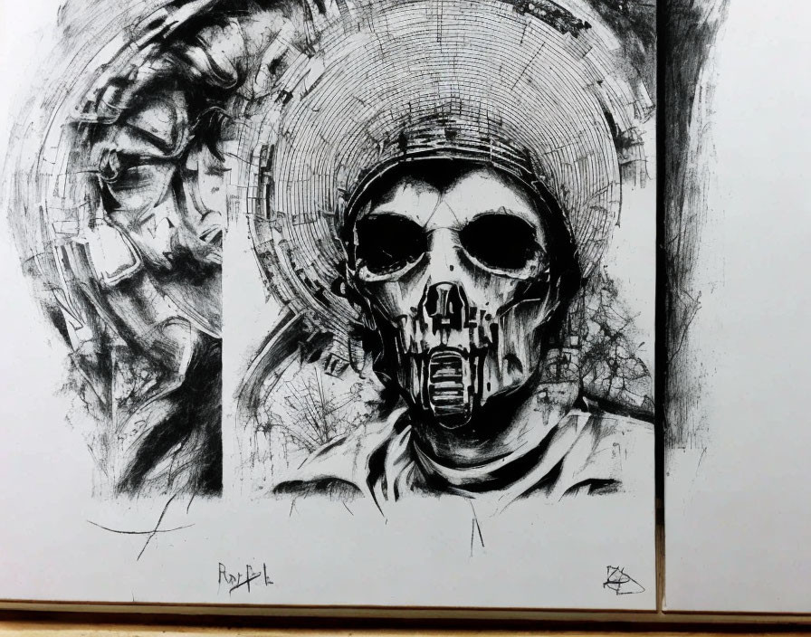 Monochrome sketch: Skull with sunglasses and hat, fragmented portrait backdrop