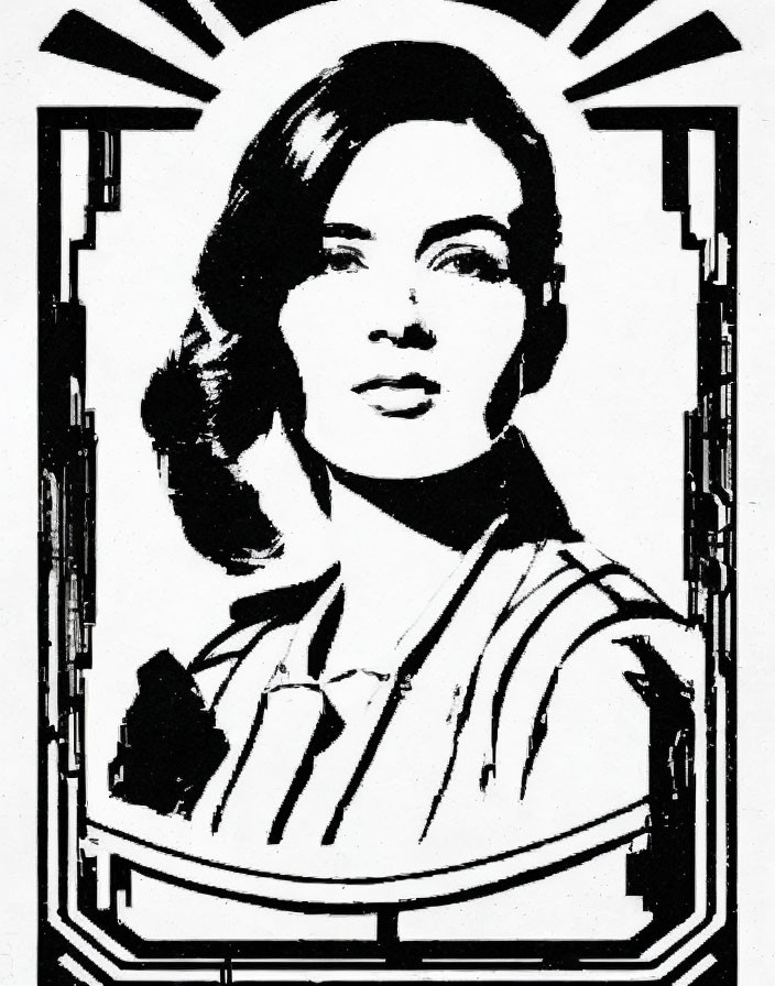 Monochrome art deco portrait of a woman with radiant halo effect