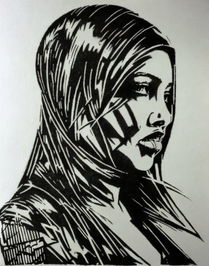 Monochrome ink illustration of a woman in profile with headscarf and stylized line work