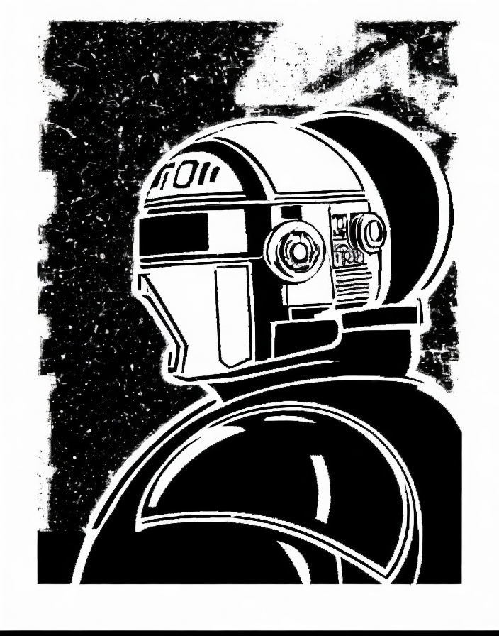 Monochrome graphic art of stylized R2-D2 droid