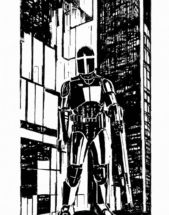 Monochrome armored soldier in futuristic urban setting