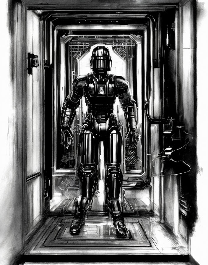 Monochrome humanoid robot sketch in futuristic doorway