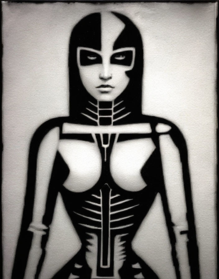 Monochrome artistic depiction of a superhero-themed female figure