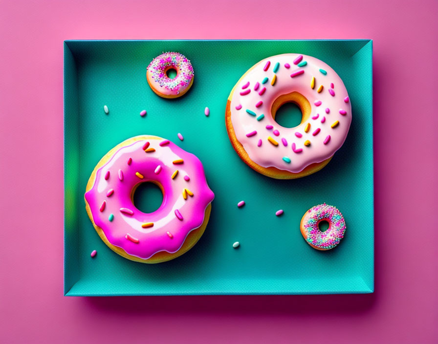 Colorful Doughnuts with Sprinkles on Teal Tray and Pink Background