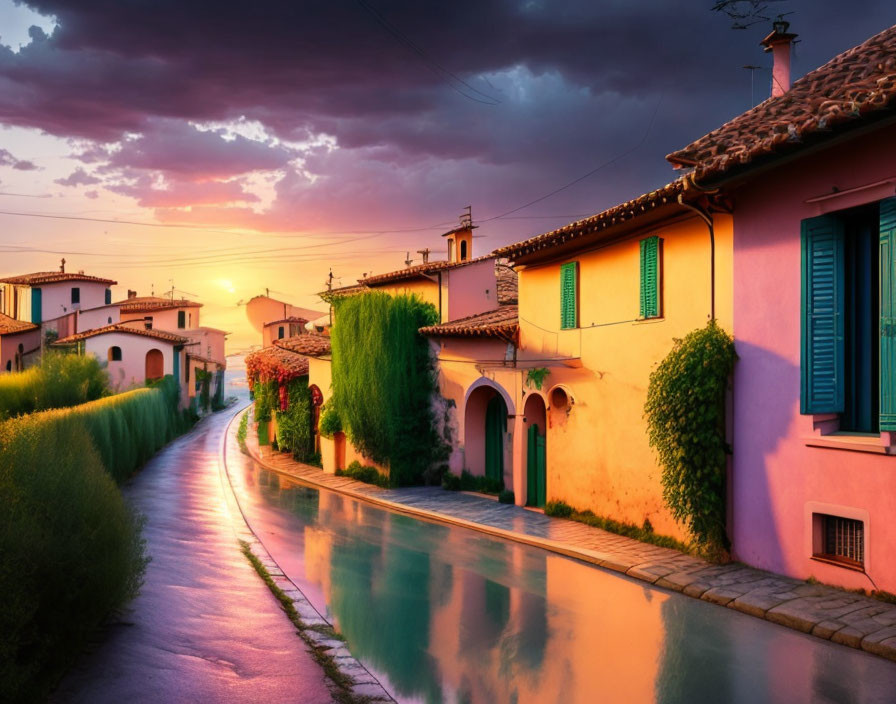 Colorful Houses and Greenery on Quiet Street at Sunset