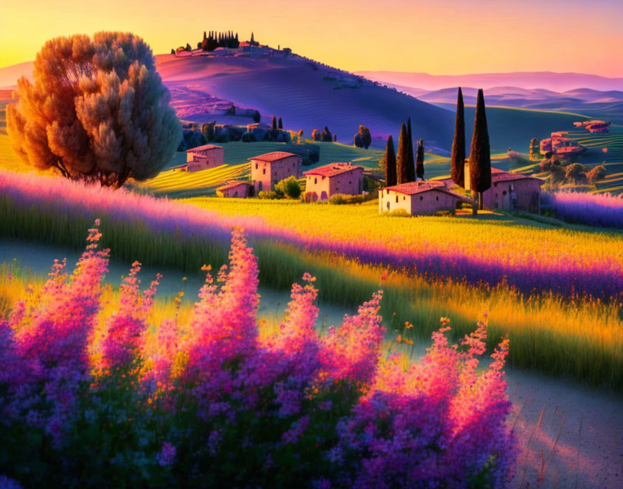 Vibrant sunset landscape with hills, wildflowers, houses, and cypress trees