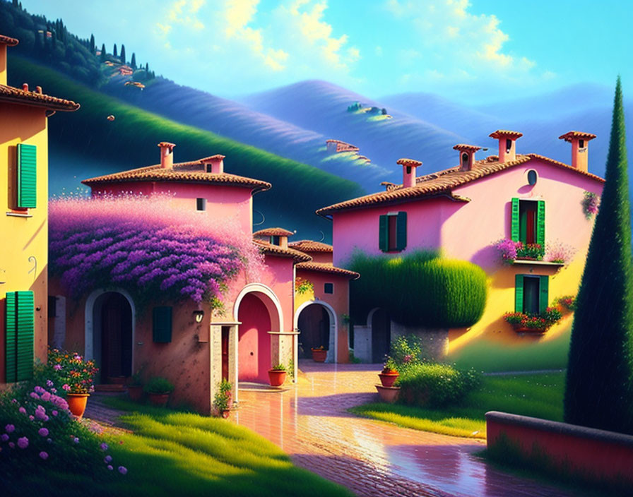 Picturesque Italian-style Houses with Terracotta Roofs and Wisteria on Rolling Hills