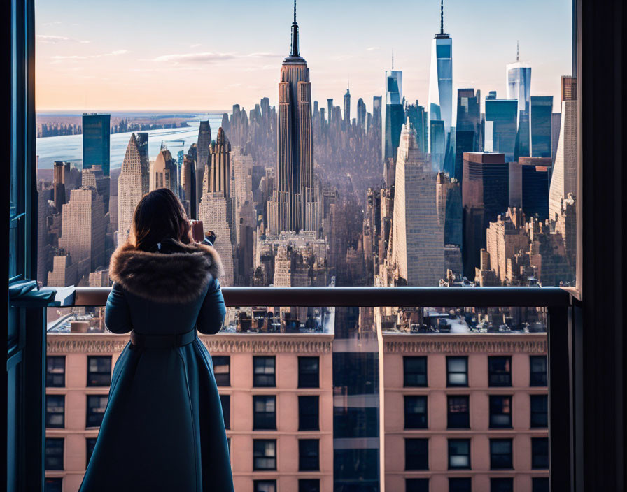 Person in Blue Coat Capturing City Skyline at Sunset