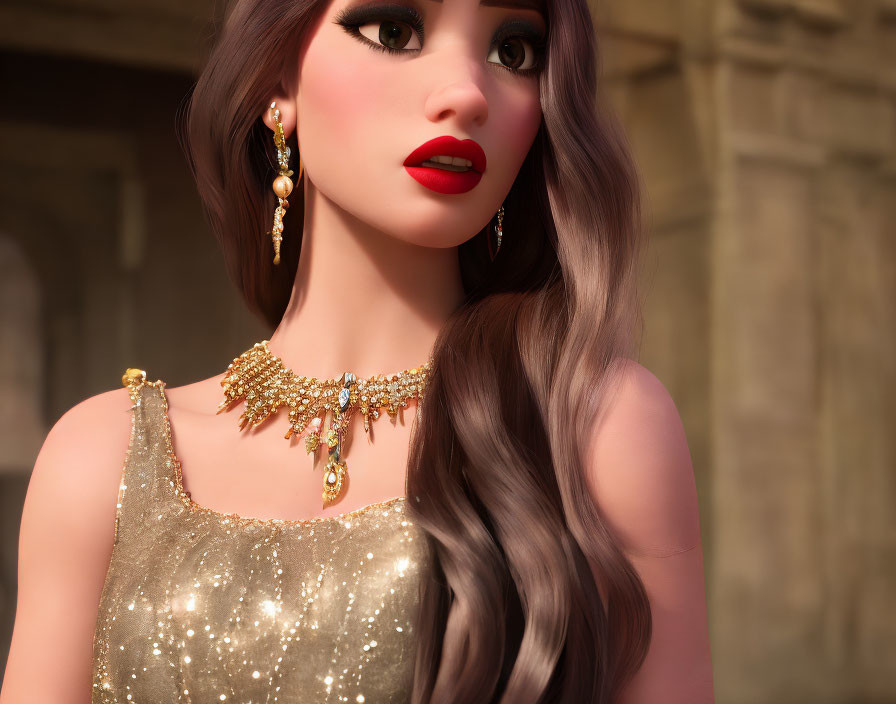 Animated image of woman with long wavy hair in gold dress