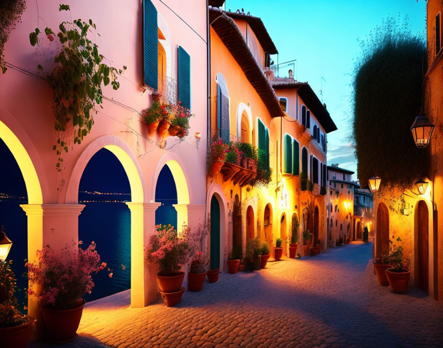 European Street Twilight Scene with Arched Doorways and Water View