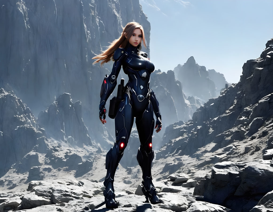 Futuristic female character in black armor suit on rocky terrain