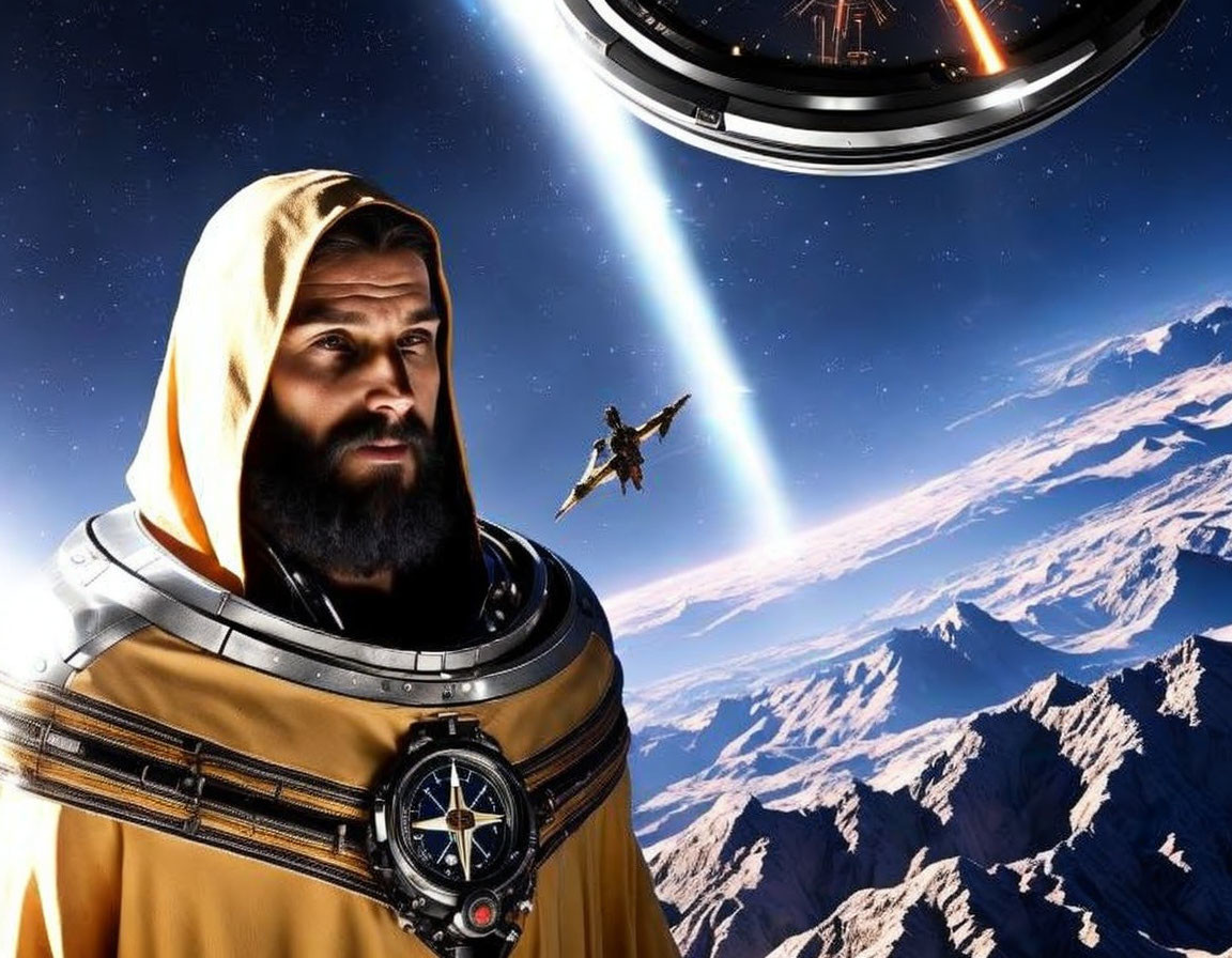 Bearded man in space suit gazes at Earth during spaceship battle