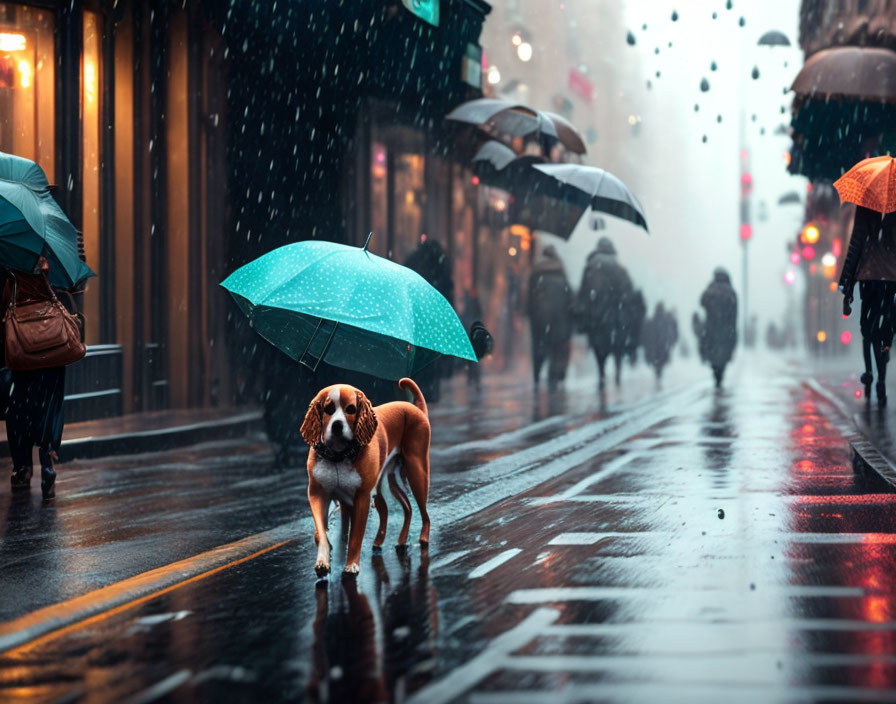 Dog on rain-soaked street with pedestrians and umbrellas