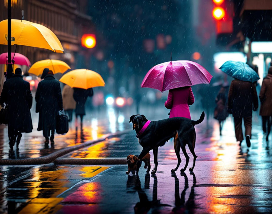 City night scene: People with umbrellas and dog on leash walk in rain under streetlights.