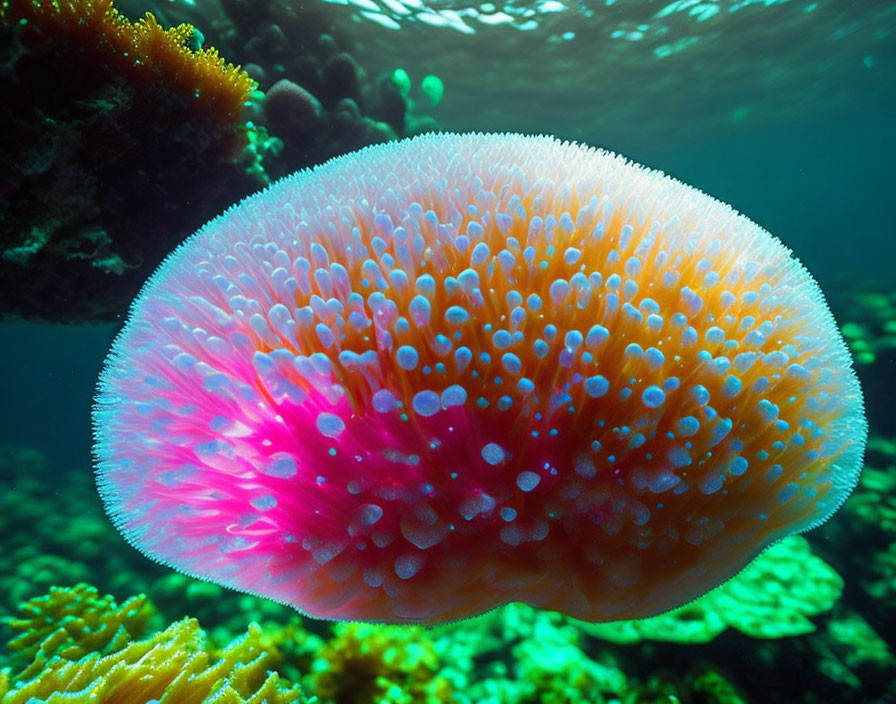 Translucent orange-pink jellyfish with white spots near green coral