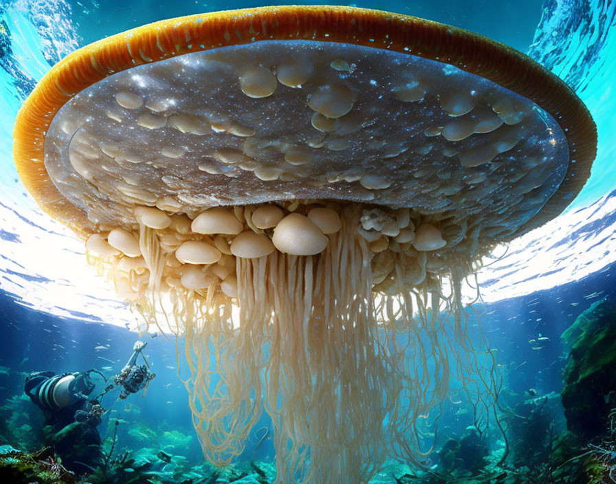 Massive jellyfish with translucent bell and stinging tentacles in underwater scene