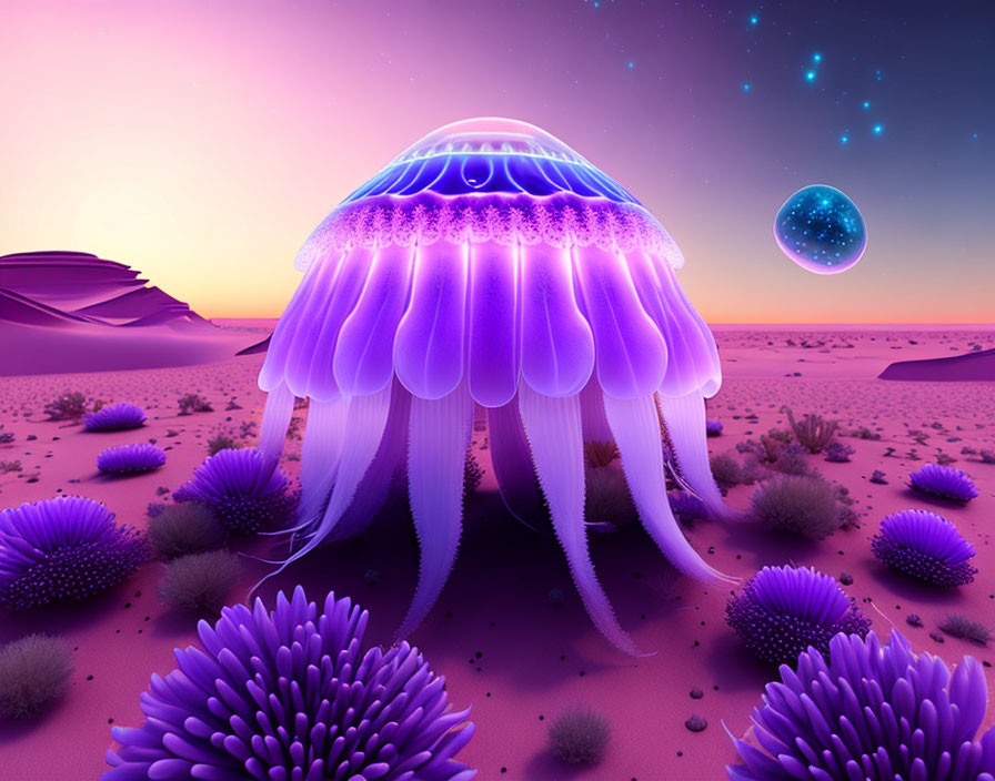 Giant bioluminescent jellyfish in surreal desert landscape