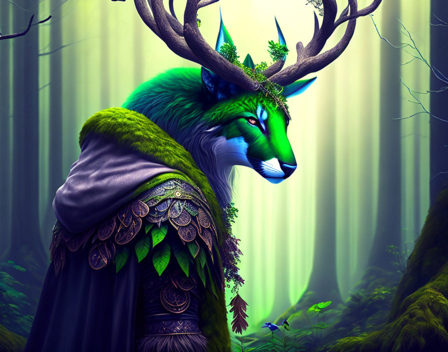 Mythical creature with stag antlers and wolf head in ethereal forest