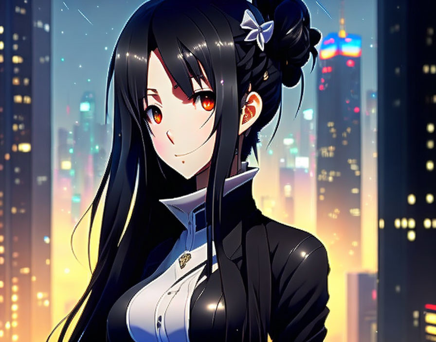 Long-haired female anime character with bow in confident gaze against city nightscape