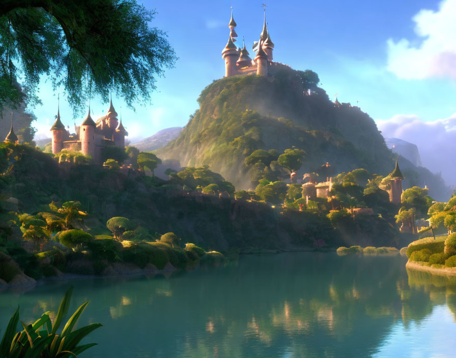 Majestic castle in serene fantasy landscape