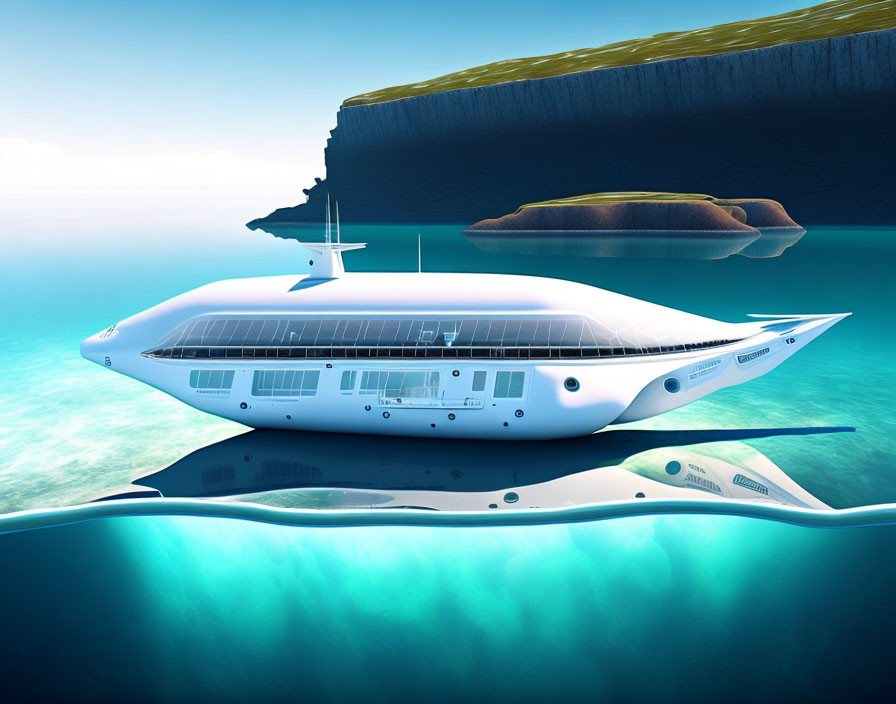 Sleek futuristic yacht with solar panels and underwater viewing areas docked near cliff on calm sea