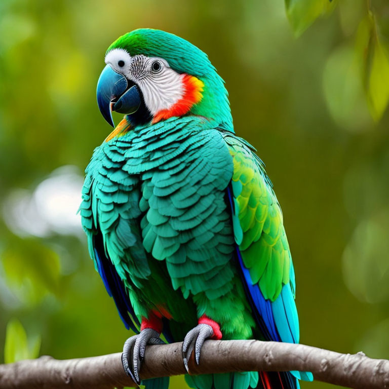 Colorful Harlequin Macaw perched on branch with green, blue, and red plumage