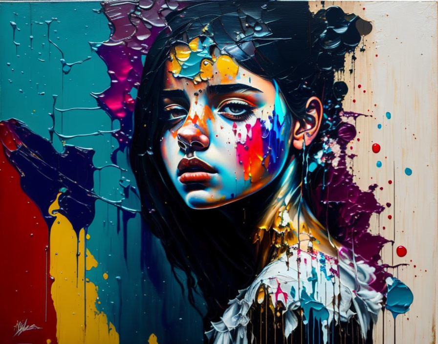 Vibrant portrait of a woman with dripping paint creating abstract effect