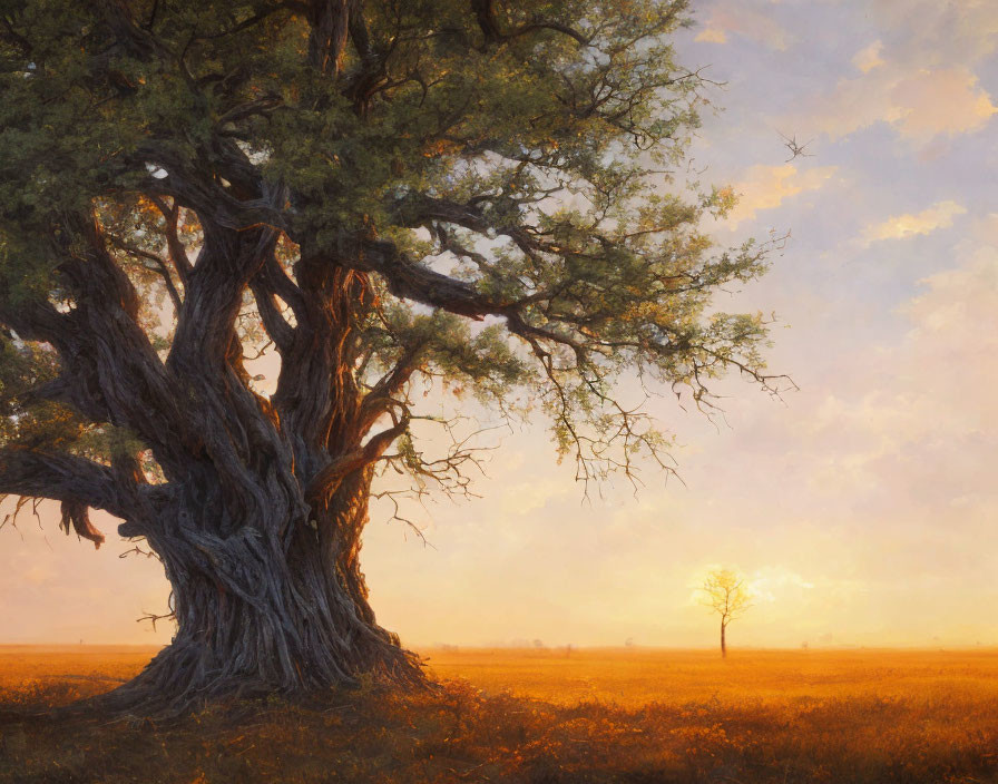 Majestic old tree with twisting trunk and sprawling branches in serene field at sunset