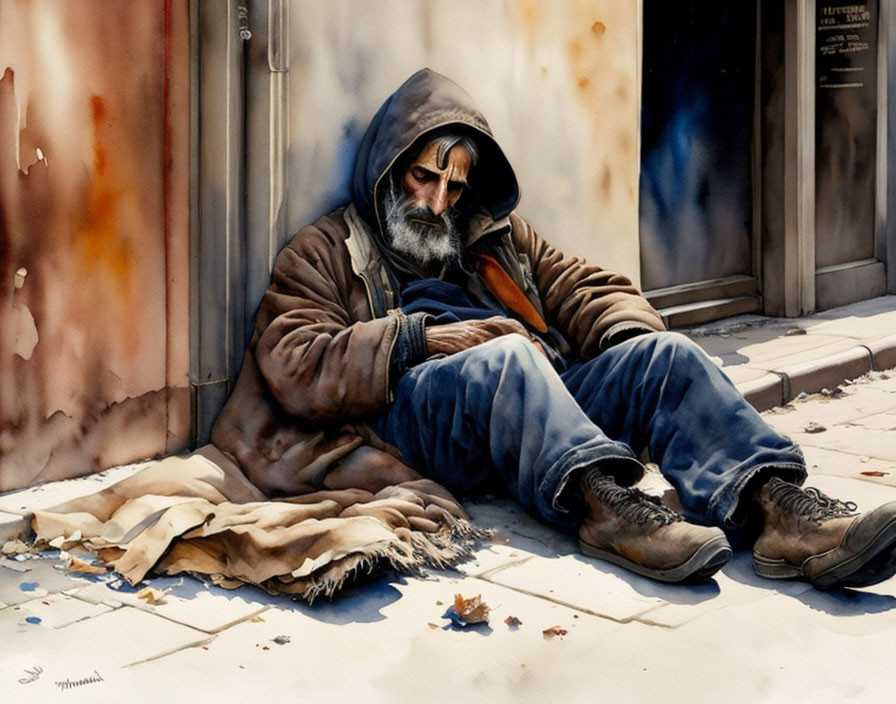 Homeless man sitting on sidewalk with blanket and leaves.