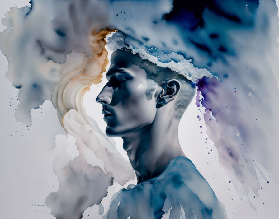 Male figure merges with abstract watercolor cloud in surreal portrait