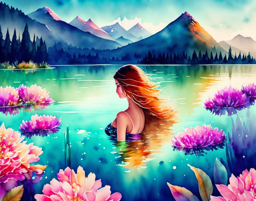 Tranquil woman in lake with pink lotus flowers and misty mountains